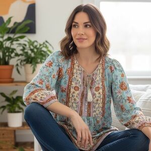 Floral Bohemian Women's Top - Blue and Orange